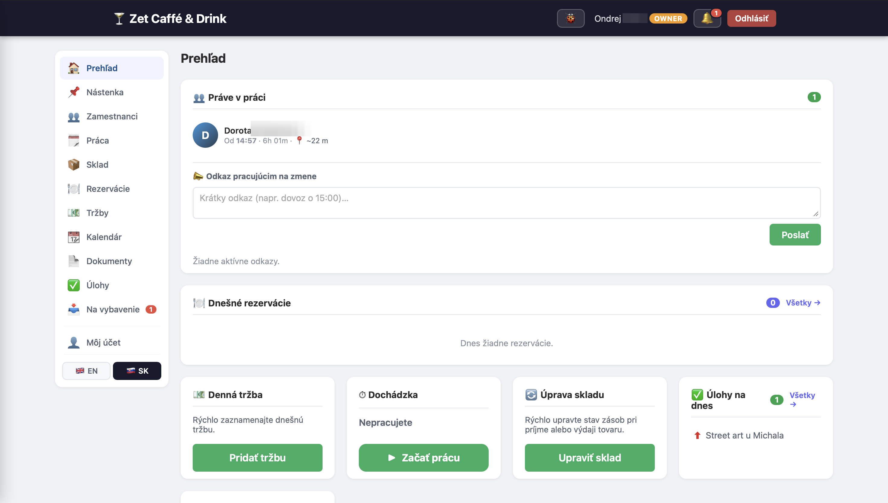 BarBack dashboard — prevádzkový systém pre bar a kaviareň