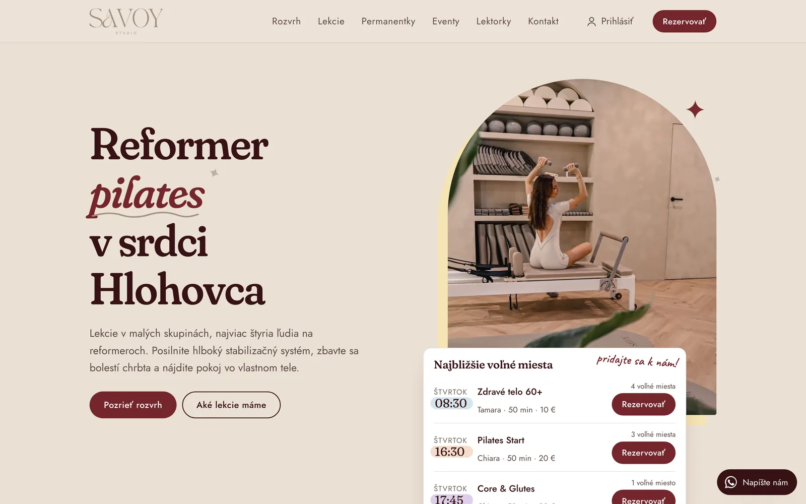 Náhľad webstránky Studio Savoy s najbližšími voľnými miestami na lekciách